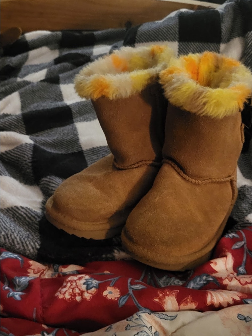UGG Kids Chestnut Boots with Yellow Fur Cuff